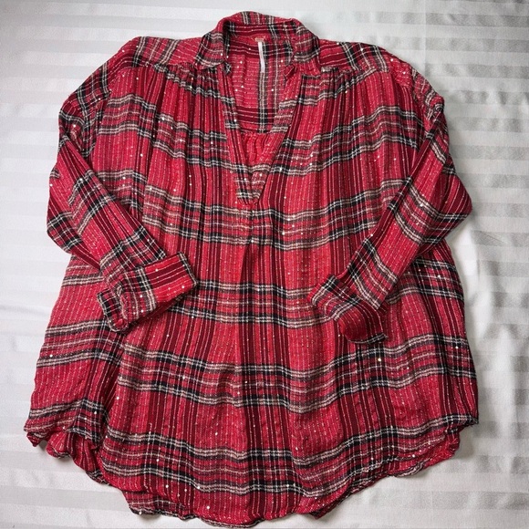 Free People Red/Blk and Gold Sequined Pullover Blouse Sz Small - Picture 14 of 14